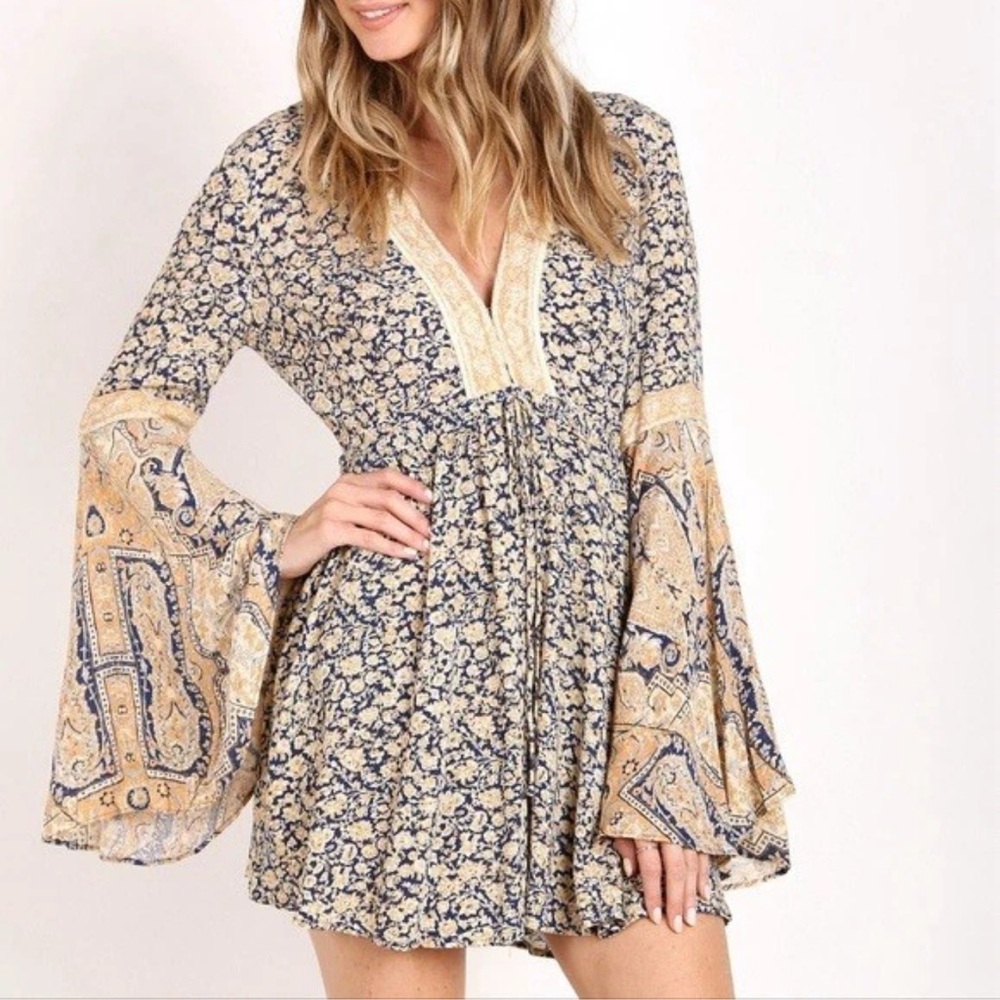 Free People Floral Print Long Bell Sleeves Romper XS